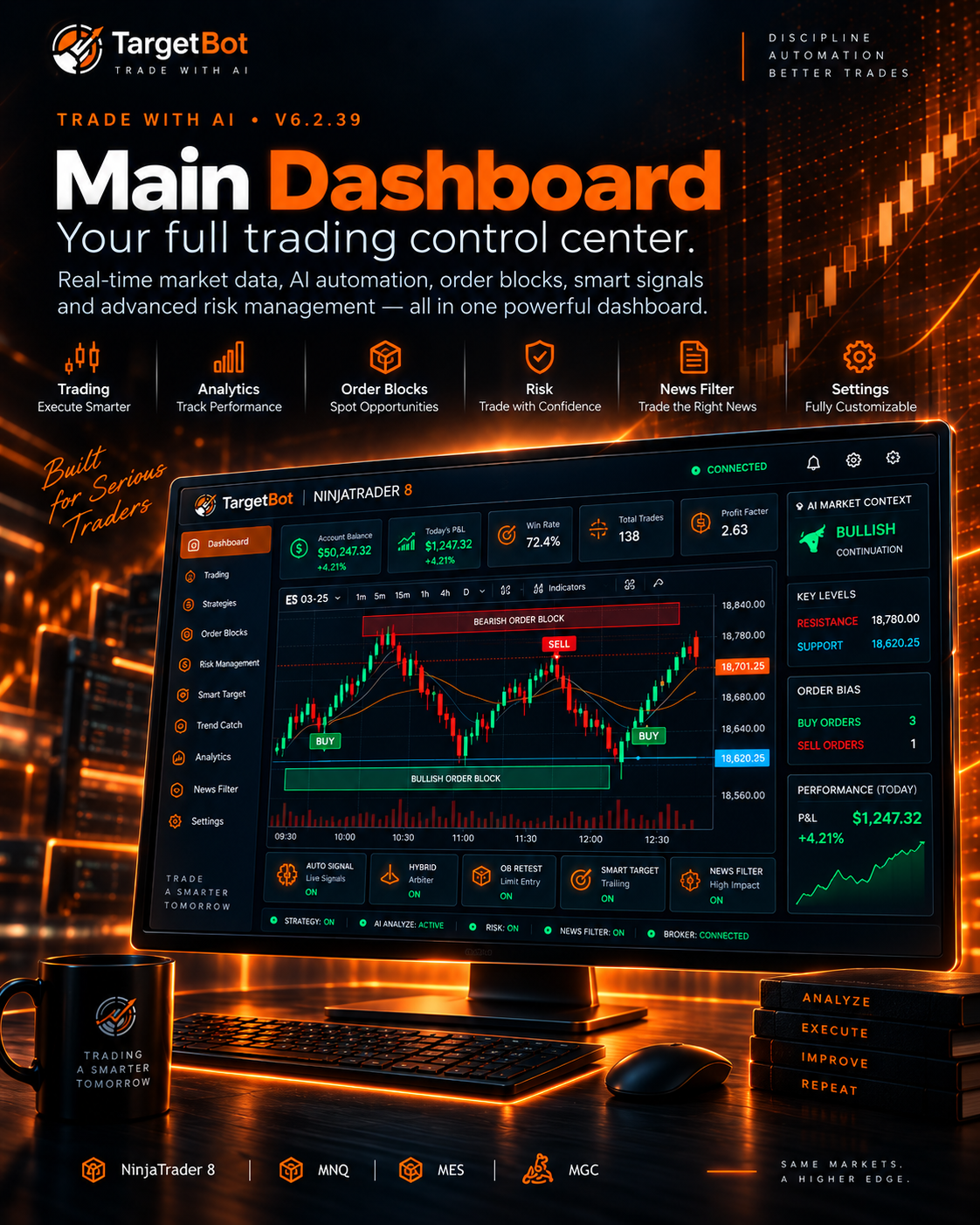 Trade with AI NinjaTrader 8 dashboard